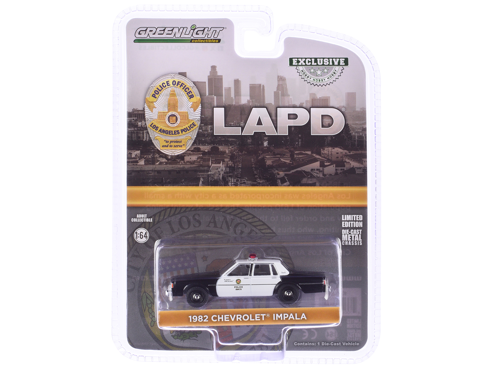 1982 Chevrolet Impala "LAPD (Los Angeles Police Department)" Black and White "Hobby Exclusive" Series 1/64 Diecast Model Car by Greenlight