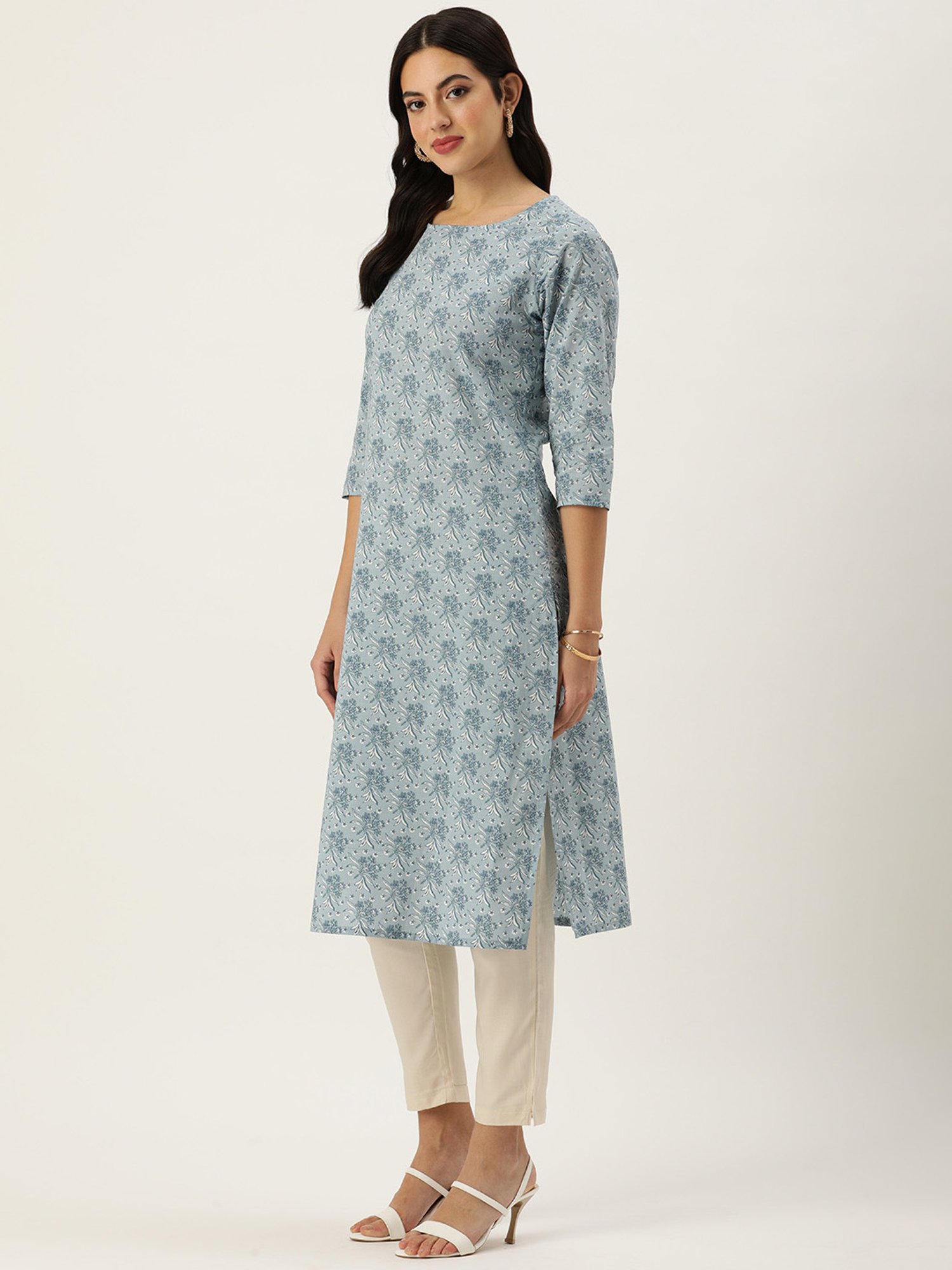 Amukti Blue Cotton Floral Print Straight Kurta
