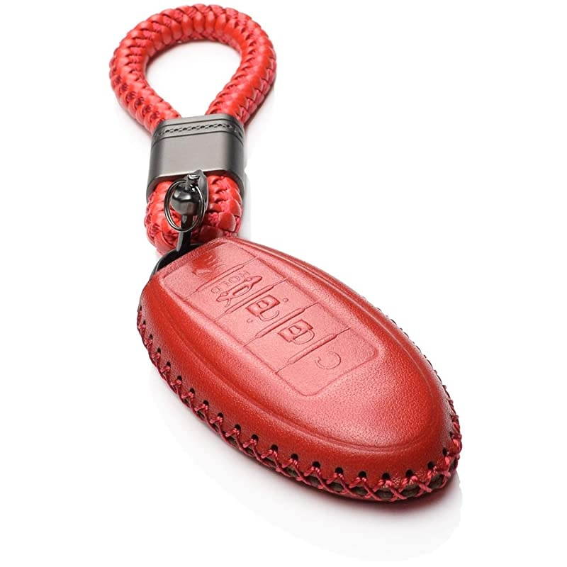 Leather Keyless Entry Remote Control Smart Key Case Cover with a Key Chain for Nissan Infiniti 5 Buttons Red