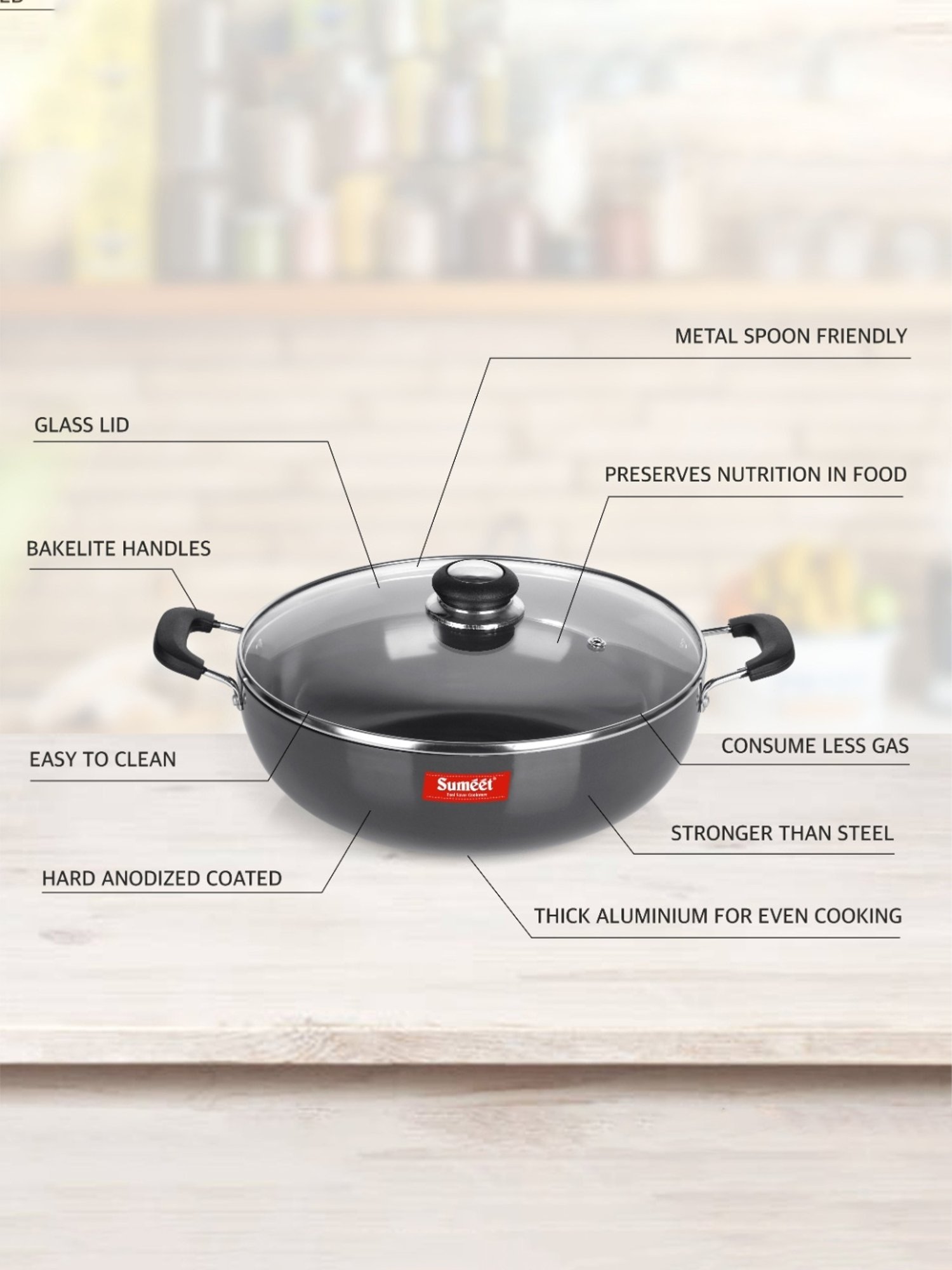 Sumeet 3mm Hard Anodized Deep kadai with Glass Lid Big Size No. - 15 (28.5cm Dia. 4.5 LTR Capacity)