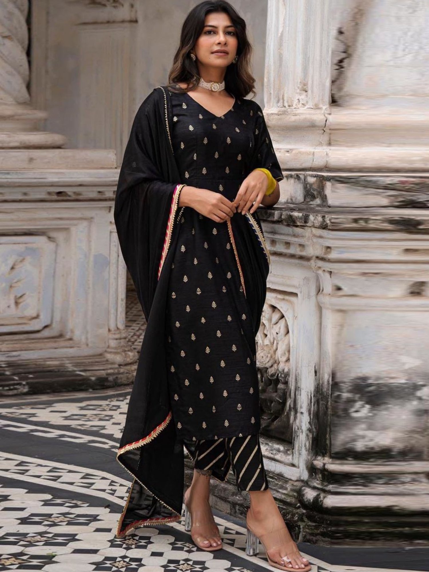 Eeshva India Black Rangaa Re Amee Kurta with Pant and Dupatta in Silk