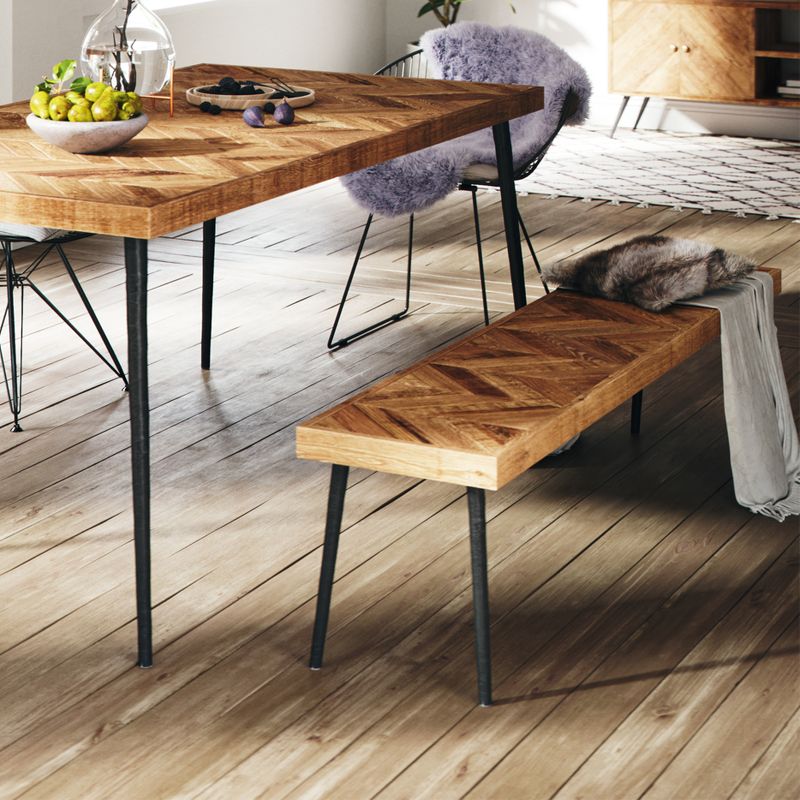 Mindful Living Rustic Farmhouse Mid Century Modern Fusion Mango Wood Top and Iron Hairpin Legs Chevron Pattern Rectangular Dining Room Bench, Beige