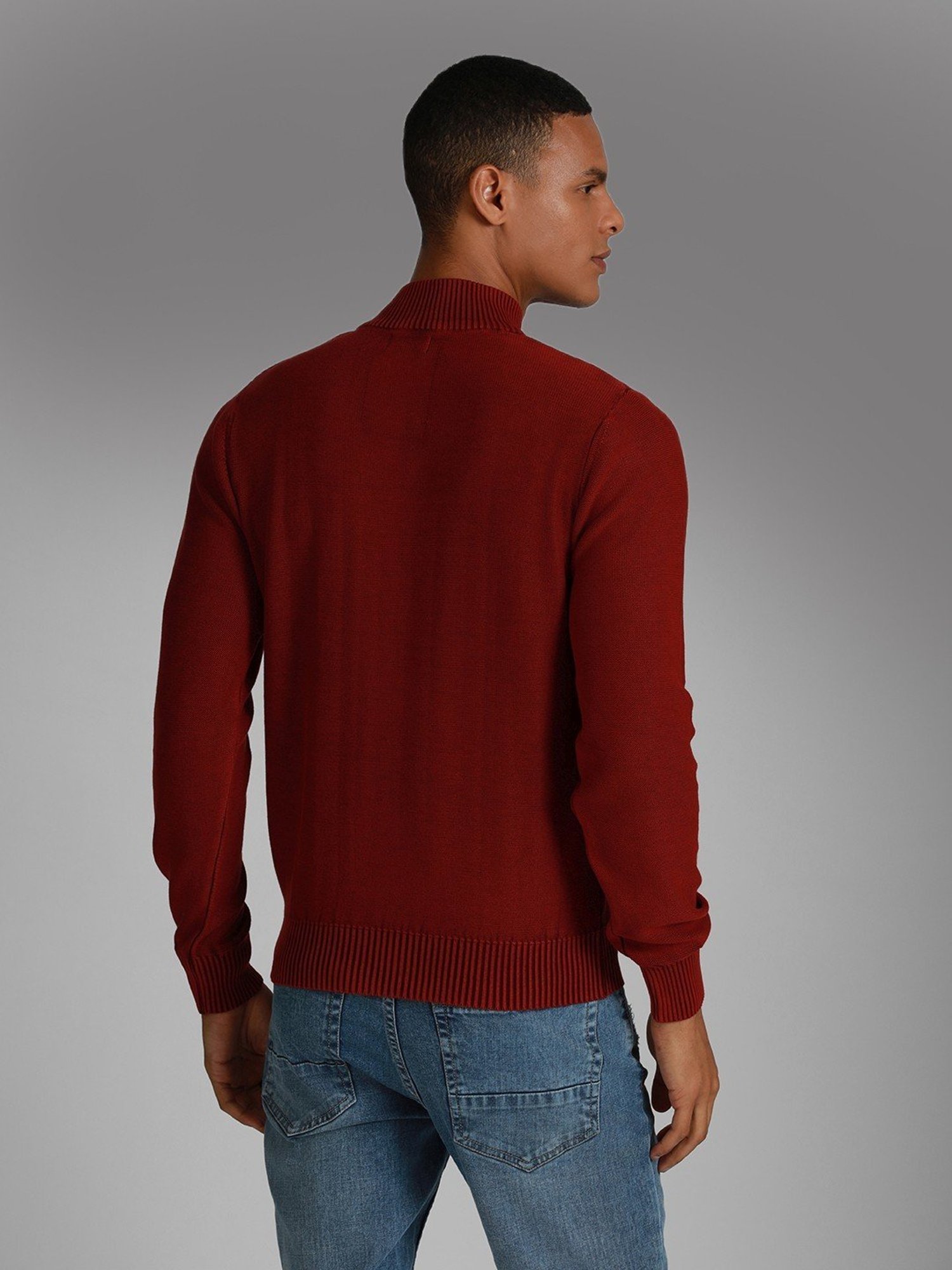 High Star Red Cotton Regular Fit Self Pattern Sweater