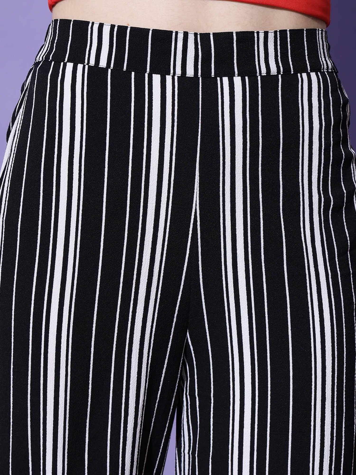 Trend Arrest Black & White Striped Relaxed Fit High Rise Regular Pants