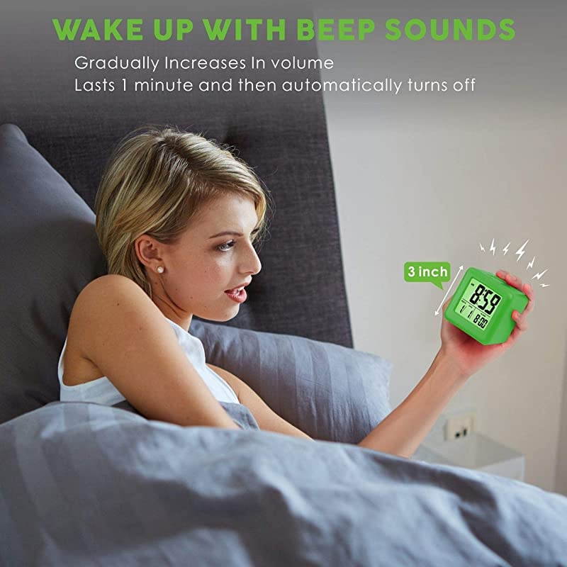 Digital Alarm Clocks Travel Clock with Snooze and Green Nightlight Easy Setting Clock Display Time Date Alarm Ascending Sound Battery Powered Green