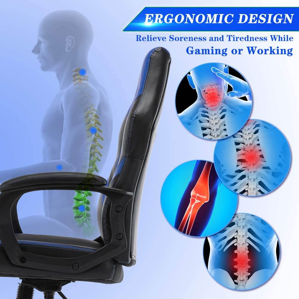 SMUGDESK Gaming Chair,  Office Computer Swivel Desk Task Chair, Ergonomic Executive Chair Bonded Leather with Padding Armrests and Lumbar Support (Blue)
