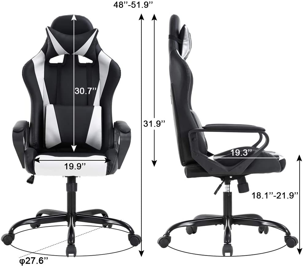 Gaming Chair Massage Office Chair Racing Chair with Lumbar Support Arms Headrest High Back PU Leather Ergonomic Desk Chair Rolling Swivel Adjustable PC Computer Chair for Women Adults Girls(White)