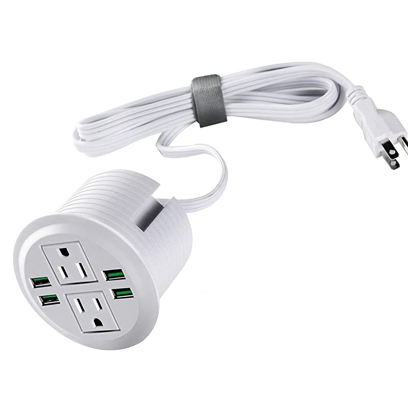Power Grommet with USB,Recessed Power Socket with 2 AC Outlets and 4 USB Charging Ports. Desk Grommet Outlet 3 1/8in Hole,for Kitchen Table/Conference Room Outlet(White)