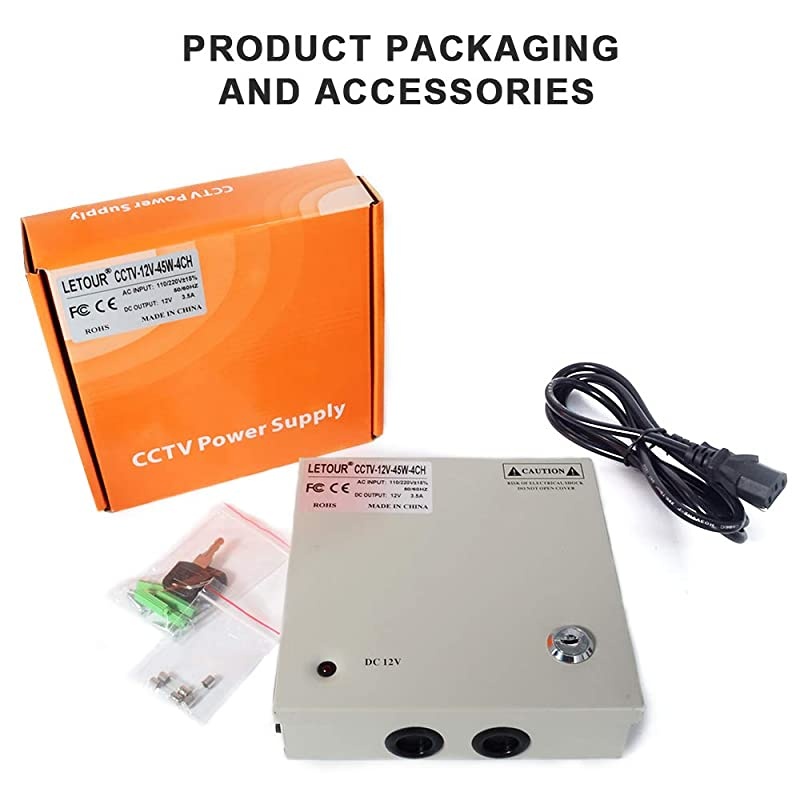CCTV Power Supply 4CH Channel Port Box  Distributed Power Supply for CCTV DVR Security System and Cameras Output 12V5A Maximum