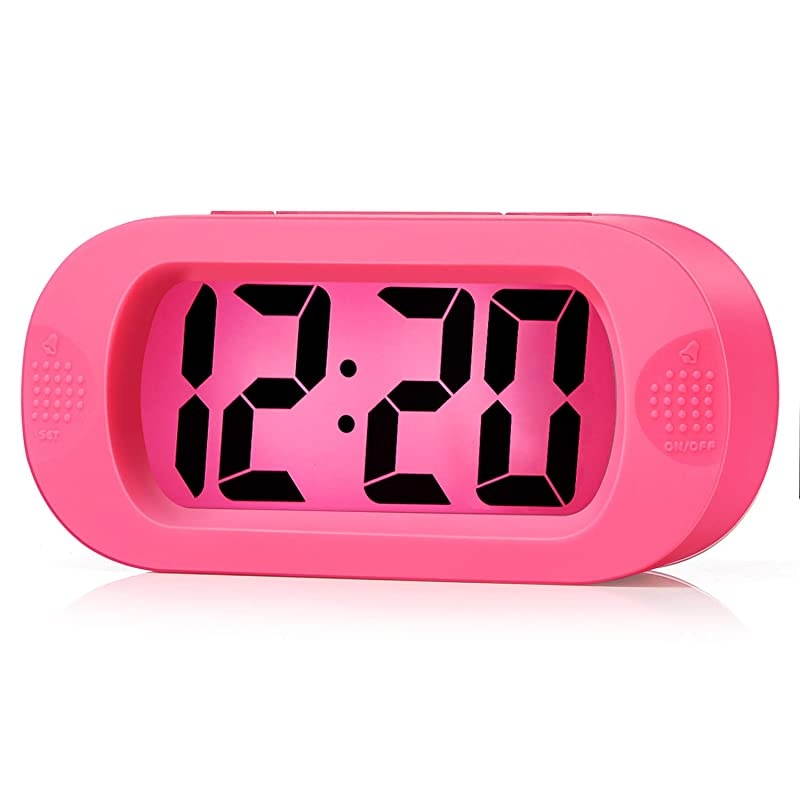 Kids Alarm Clock  Large Digital LCD Travel Alarm Clocks with Snooze and Night Light Ascending Sound and Handheld Sized Best Gift for Kids Pink