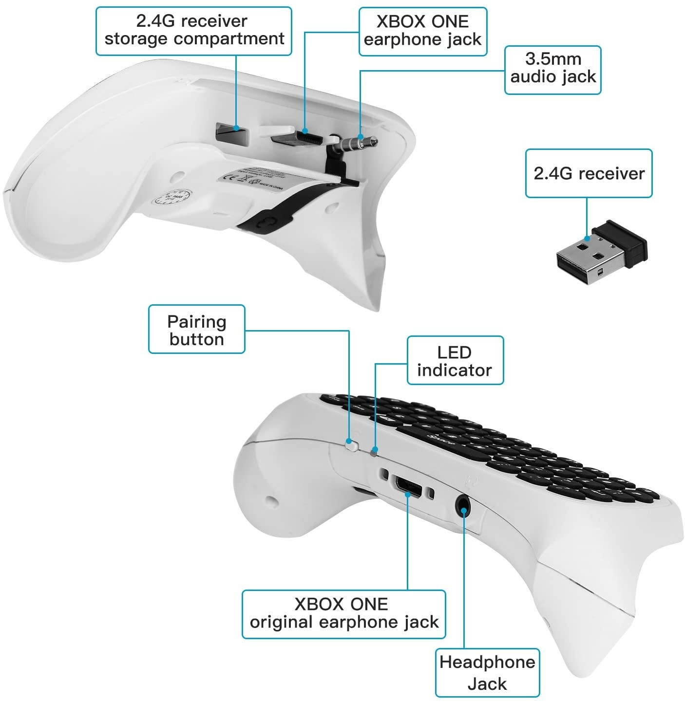 MoKo Xbox One Mini Green Backlight Keyboard, 2.4G Receiver Wireless Chatpad Message Game Keyboard Keypad, with Headset and Audio Jack, for Xbox One/Xbox One S/Xbox One Elite Controller, White