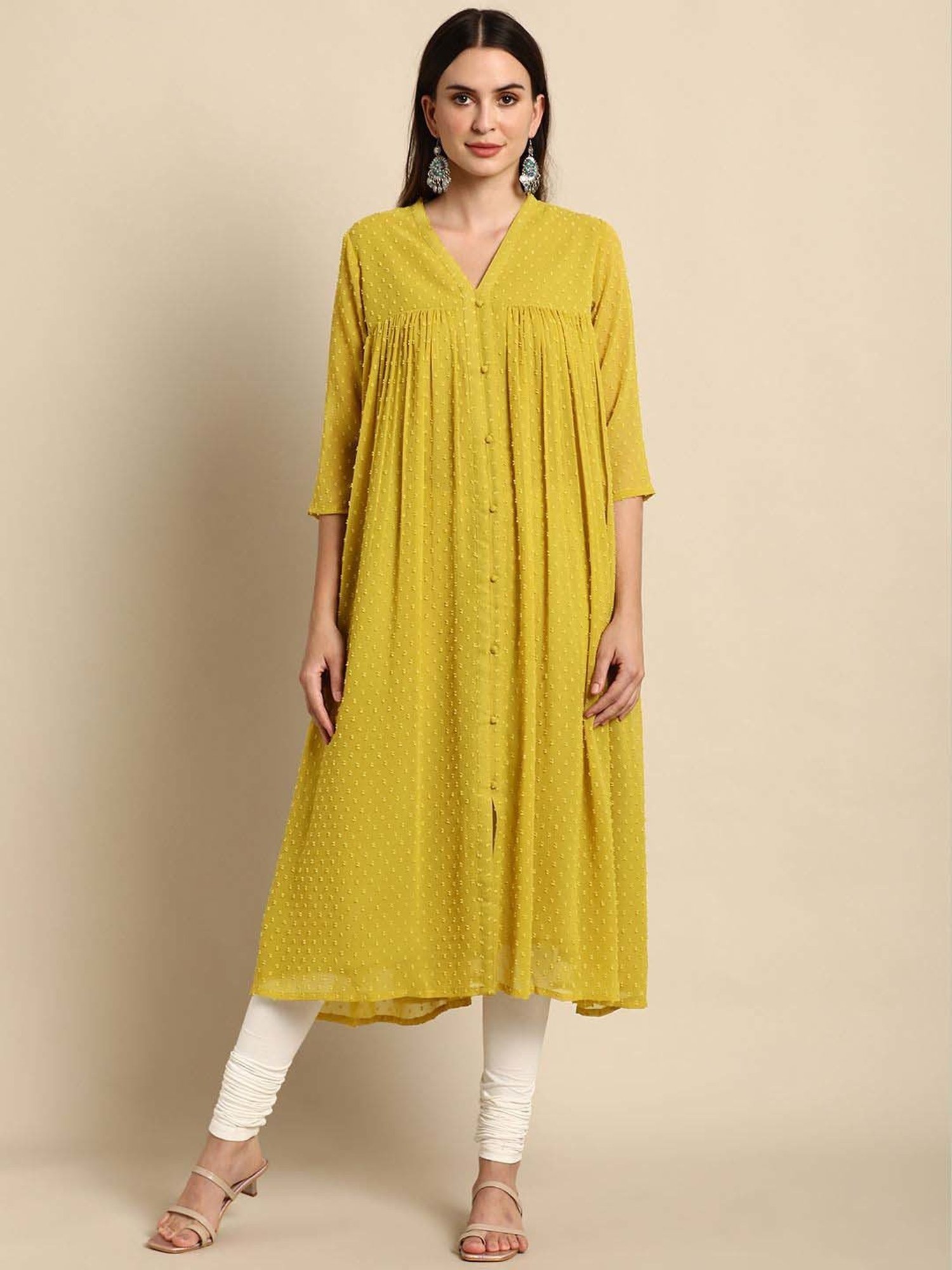 Janasya Mustard Woven Pattern A Line Kurta