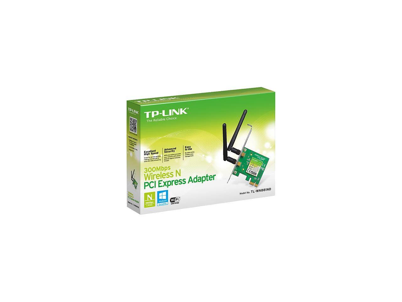 TP-LINK TL-WN881ND Wireless N300 PCI Express Adapter, 300 Mbps, w/ WPS Button, IEEE 802.1b/g/n, 64 / 128-bit WEP, WPA / WPA2, Plug & Play in Windows