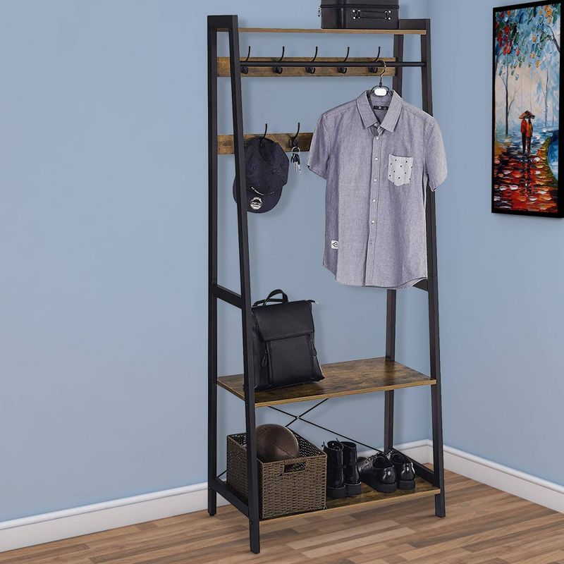 Iron Framed Coat Rack with Two Storage Shelves and Hanging Rail Brown/Black - Benzara