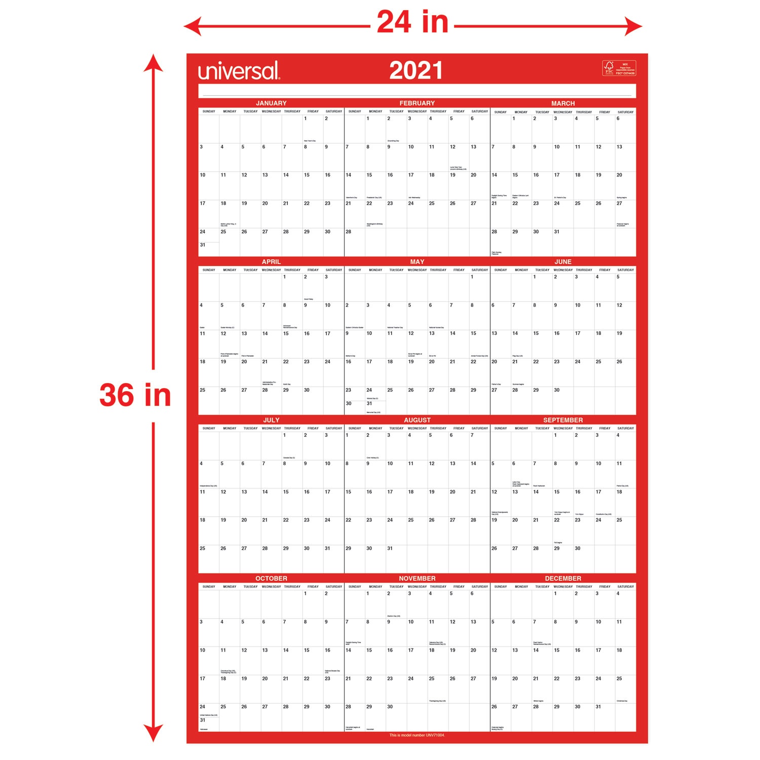 Universal Erasable Wall Calendar 24 x 36 White/Red 2021 71004