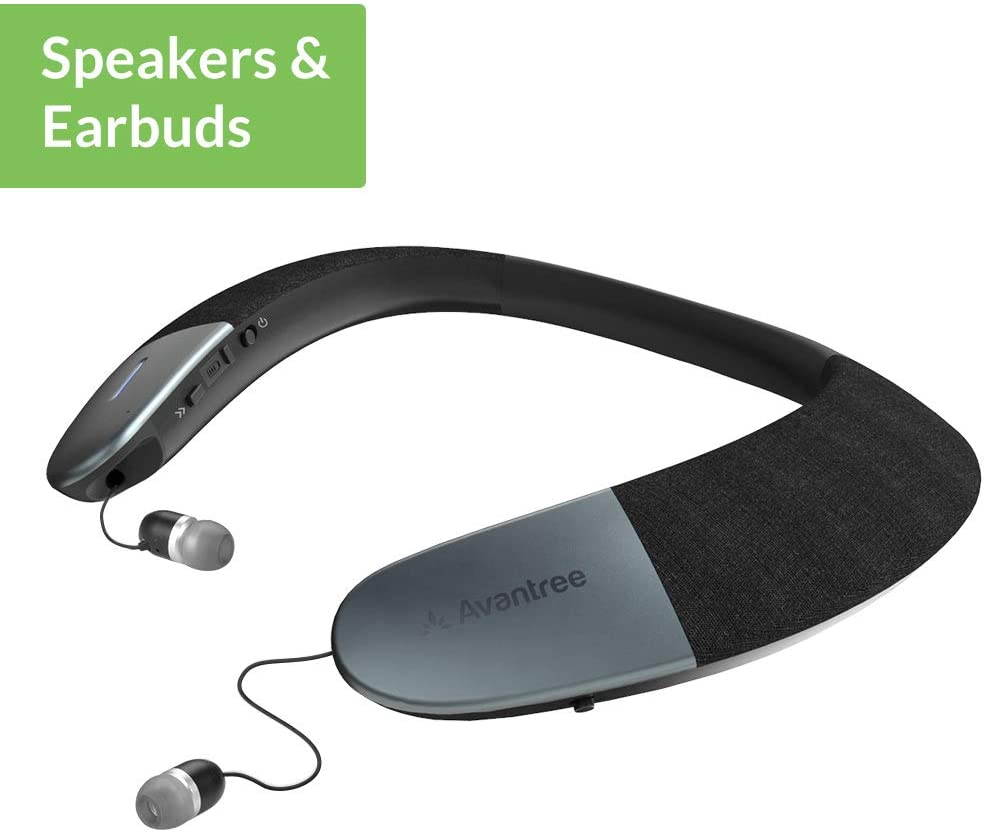 Avantree Wearable Wireless Speaker, Bluetooth 5.0, aptX HD, Low Latency, Personal Neckband Speakers with Retractable Earbuds, Superb Audio Quality, 3D Surround Stereo for Music TV Calls - Torus (NB05)