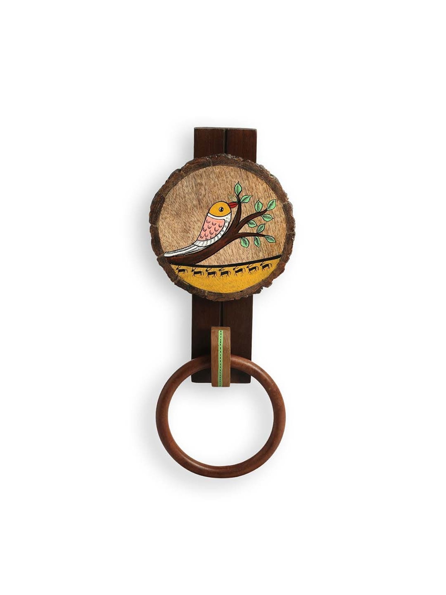 ExclusiveLane Singing Bird Dark Brown Mango Wood Hand Towel Ring Holder