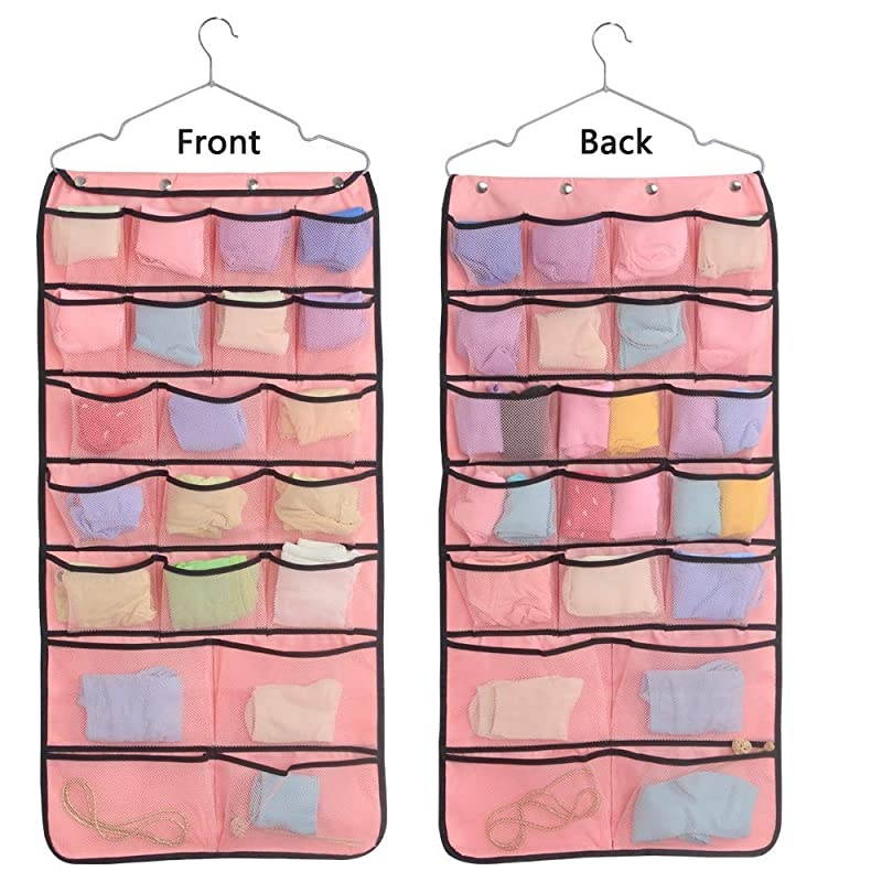 DualSided Hanging Closet Organizer for Underwear StockingBra and SockMesh Pockets with Metal Hanger 42 Pockets Pink