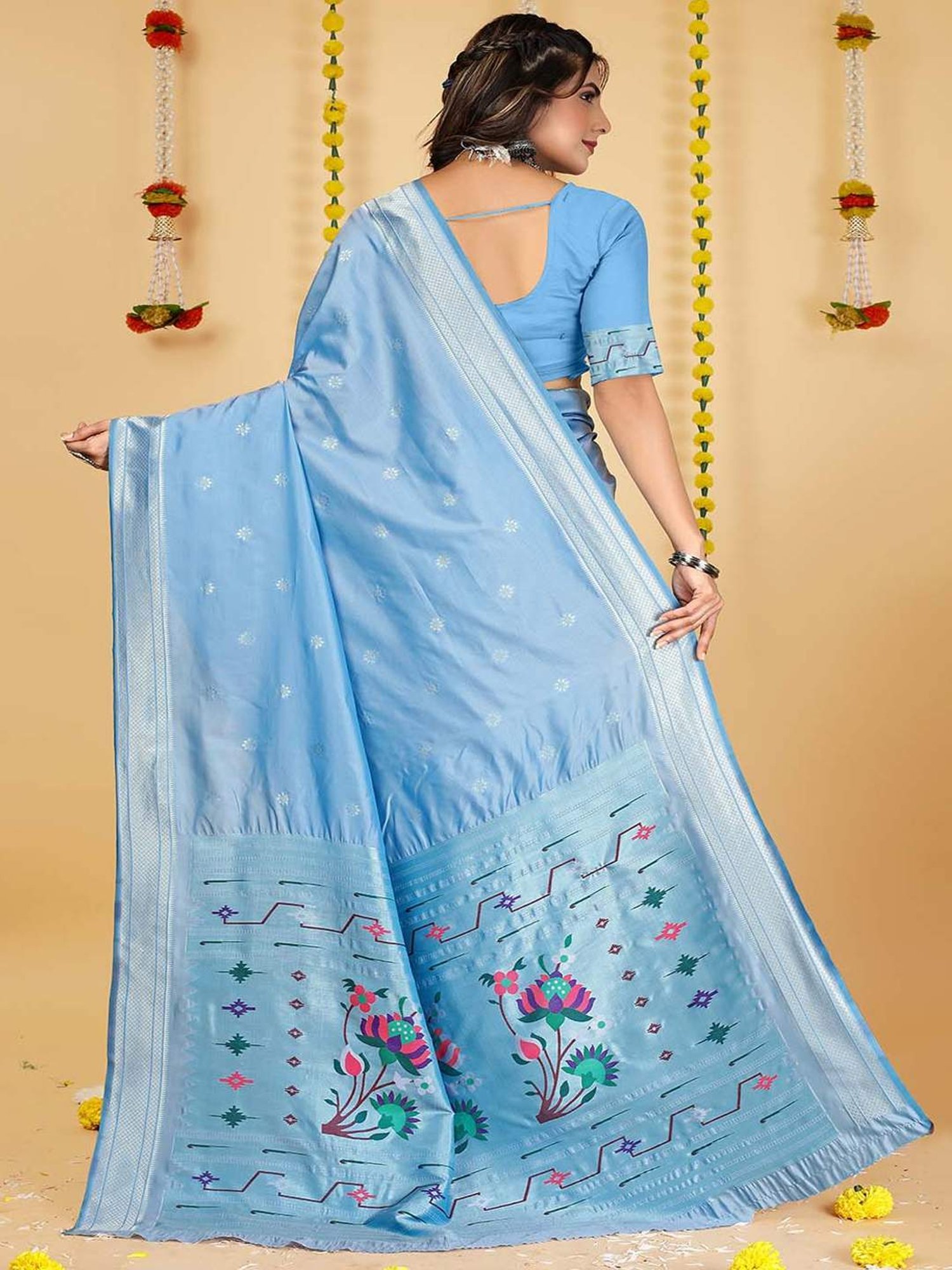 SHUBHKALA Blue Silk Woven Saree With Unstitched Blouse