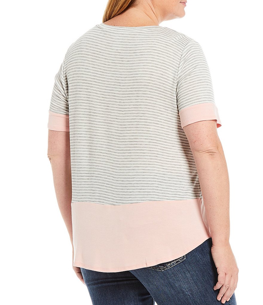 Moa Moa Plus Size Stripe Print Solid Block Round Neck Short Sleeve Contrast Double Pocket Top