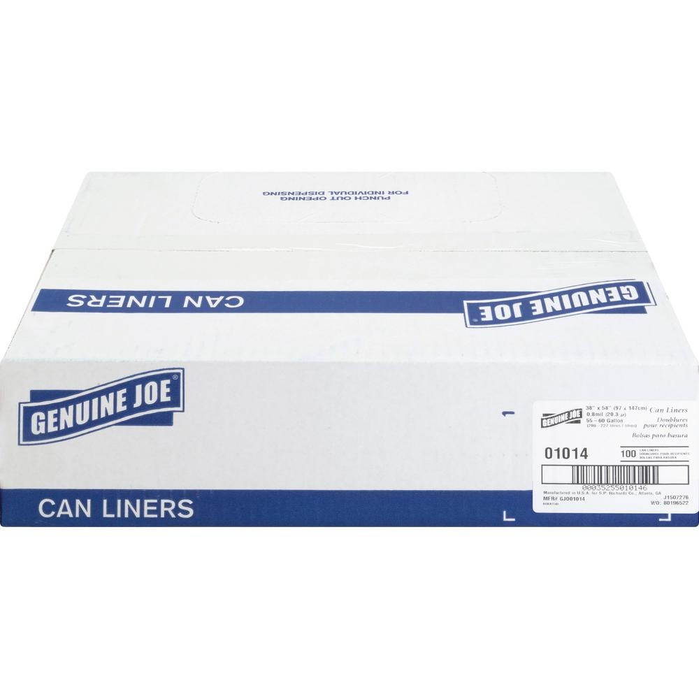Genuine Joe Trash Can Liner 55-60 Gallon .8Mil 38"x58" 100/BX Clear 01014