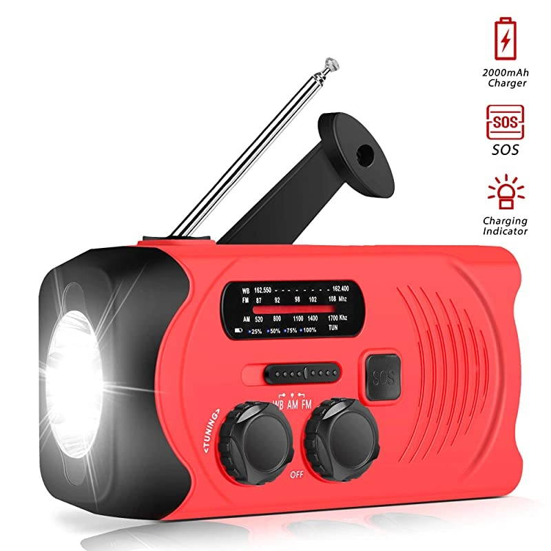 Upgraded Version]  Emergency Weather AM/FM NOAA Solar Powered Wind up Radio with SOS, 2000mAh Power Bank for Cell Phone and LED Flashlight (Red)