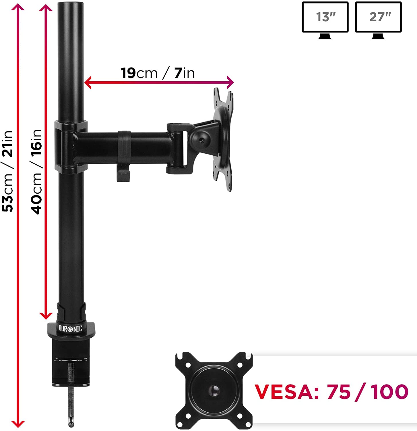 Duronic DM251X2 PC Monitor Arm Stand Desk Mount Screen Bracket Clamp Single LCD | LED |13"-27" (Tilt &plusmn;45&deg;|Swivel 90&deg;|Rotate 360&deg;)