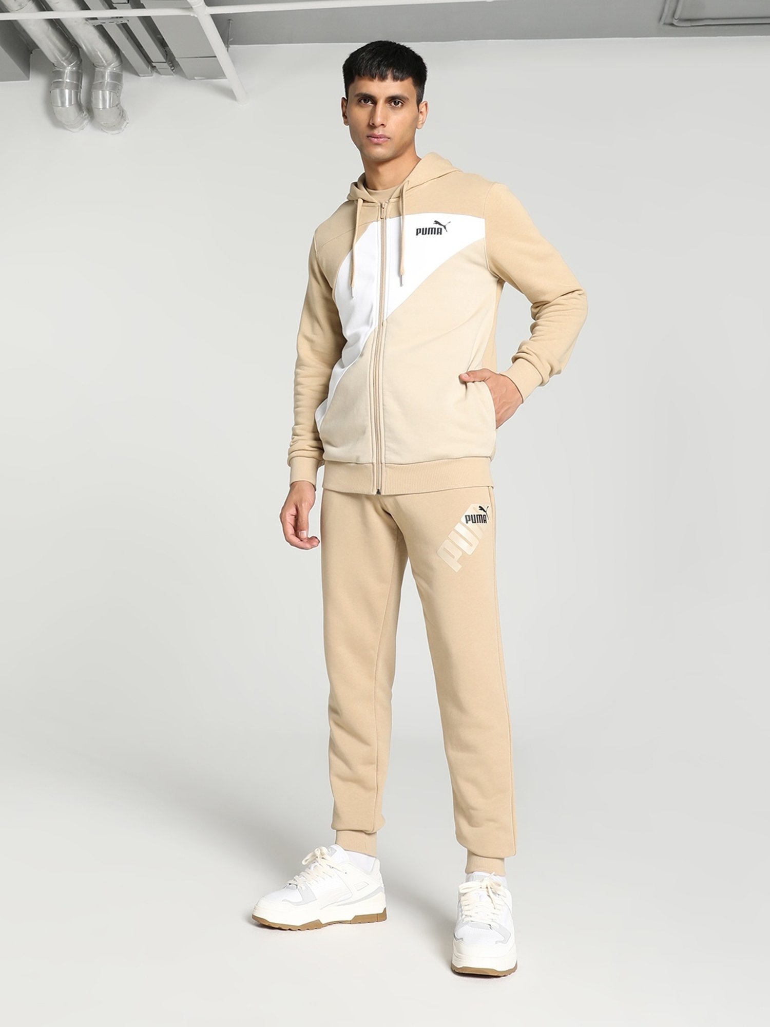 Puma POWER Beige Cotton Regular Fit Colour Block Tracksuit