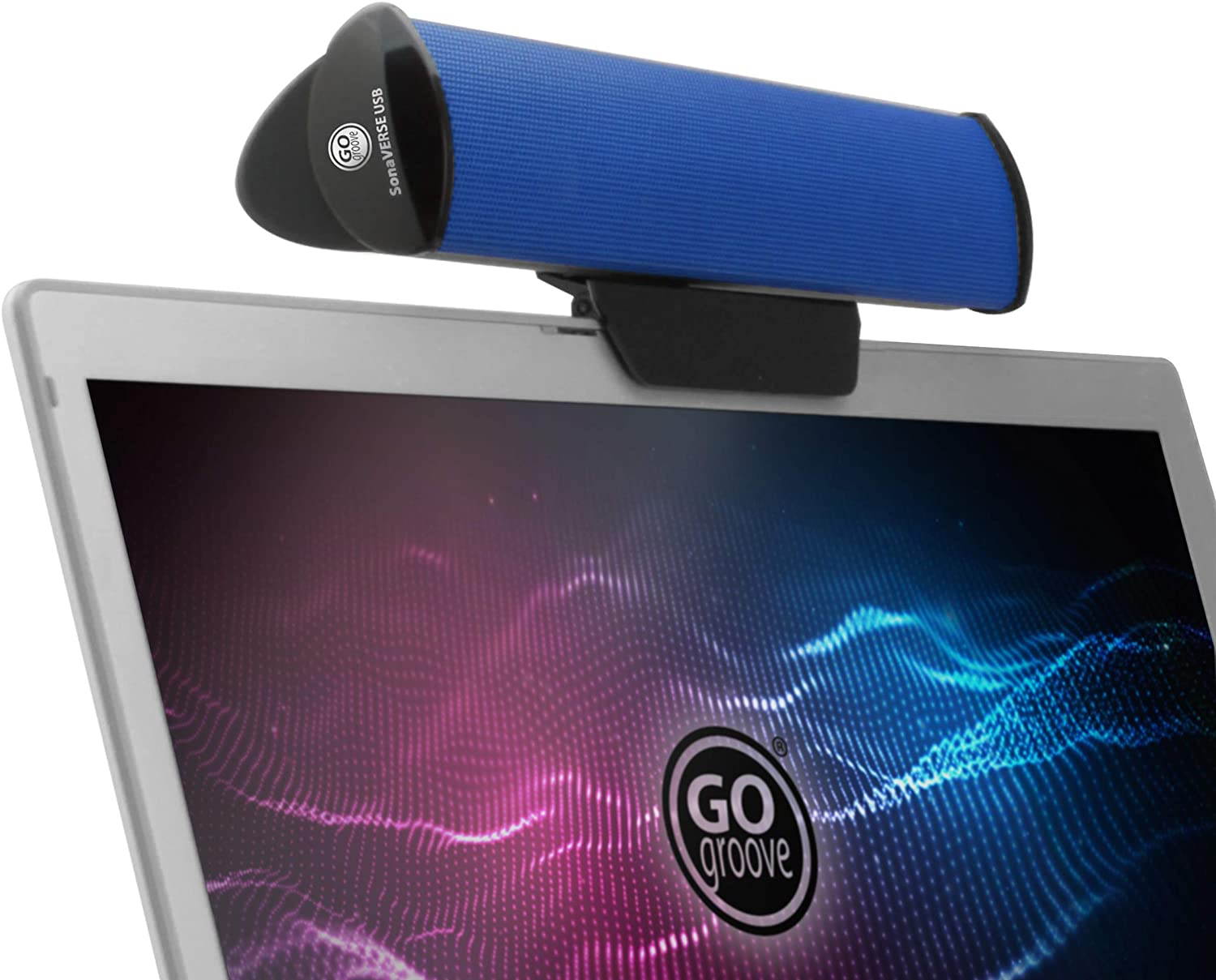 GOgroove SonaVERSE USB Speakers for Laptop Computer - USB Powered Mini Sound Bar with Clip-On Portable External Speaker Design for Monitor, One Cable for Digital Audio Input and Power (Blue)