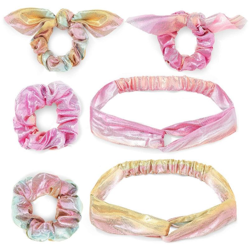 Glamlily Set of 6 Metallic Pastel Tie Dye Rainbow Scrunchies & Twist Headbands Elastic Hair Ties Women Girls