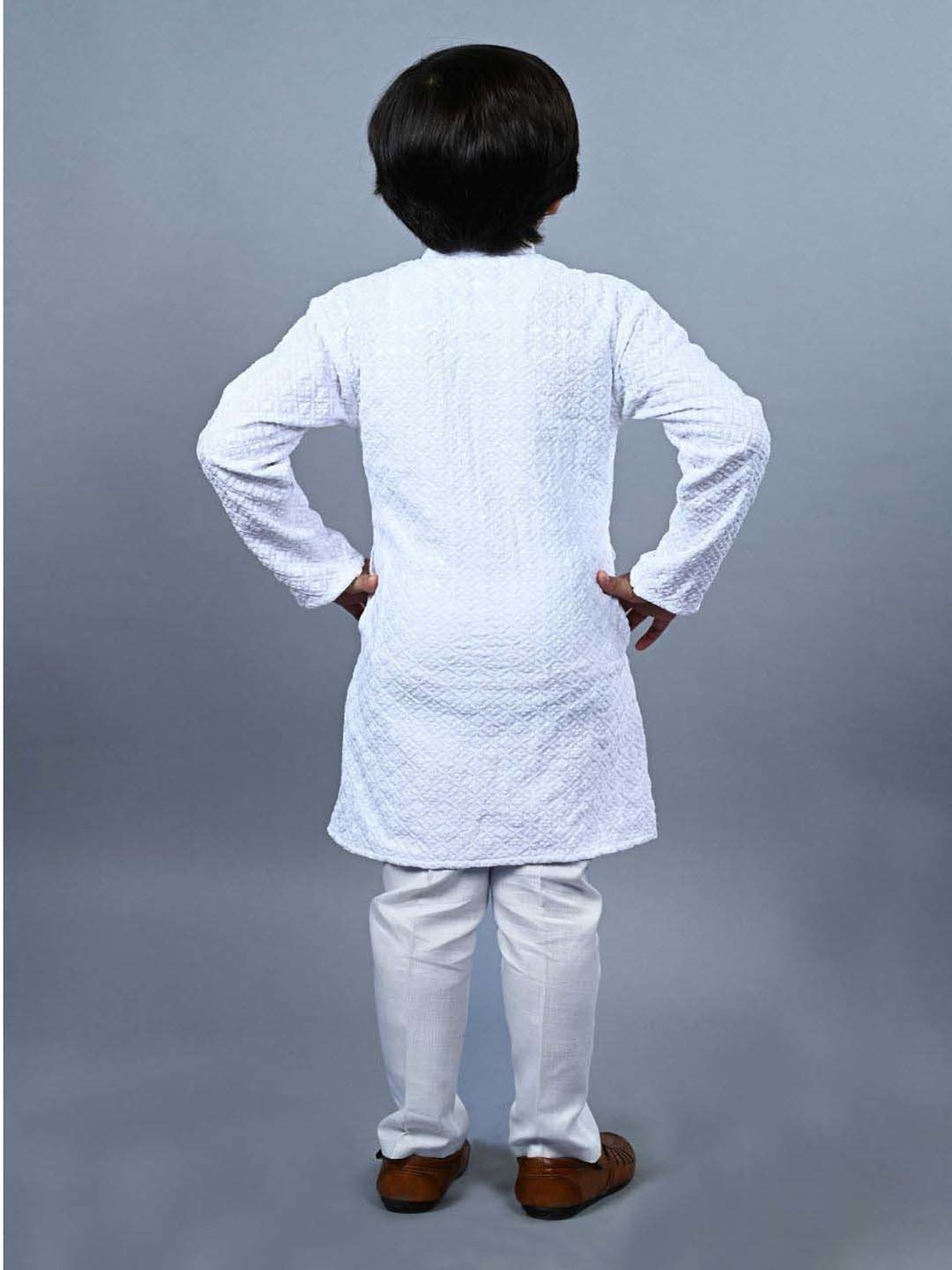 Ahhaaaa Kids Blue & White Cotton Embroidered Full Sleeves Kurta Set