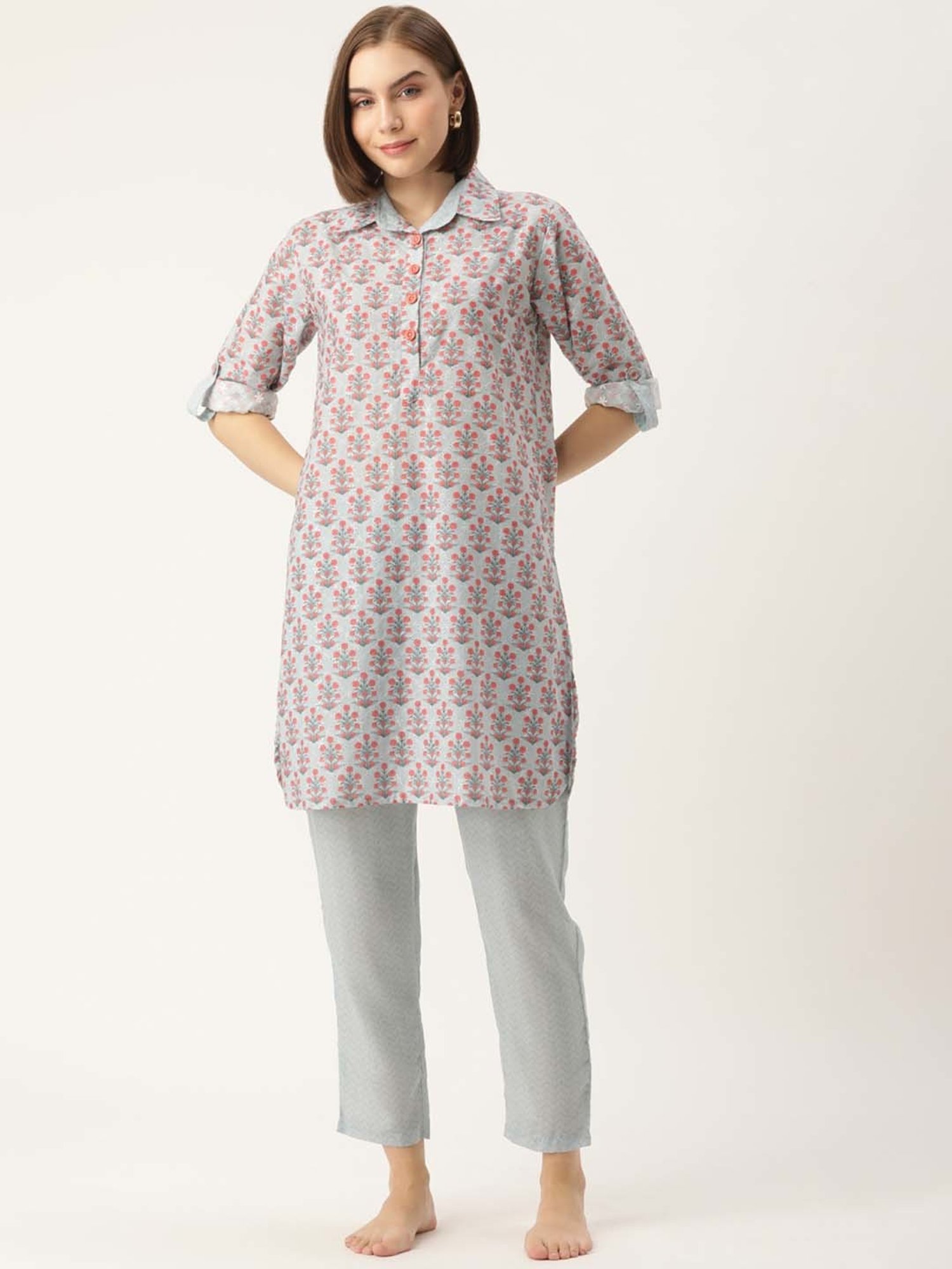 Clt.s Grey Floral Print Kurti Pyjama Set