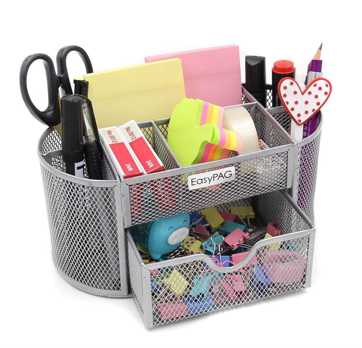 EasyPAG Mesh Office Desk Accessories Organizer 9 Components with Drawer, Silver