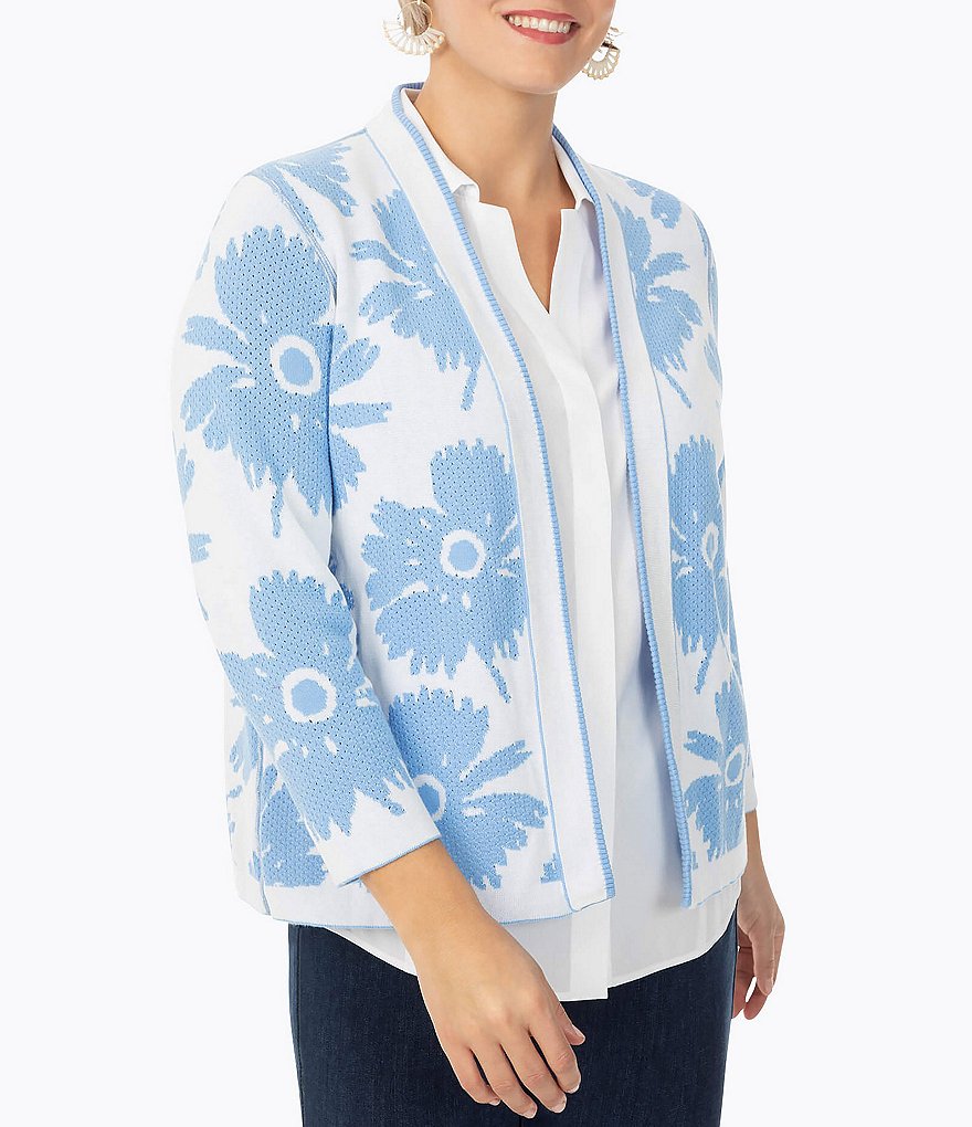 Foxcroft Plus Size Bracelet Sleeve Reversible Floral Stitch Cardigan