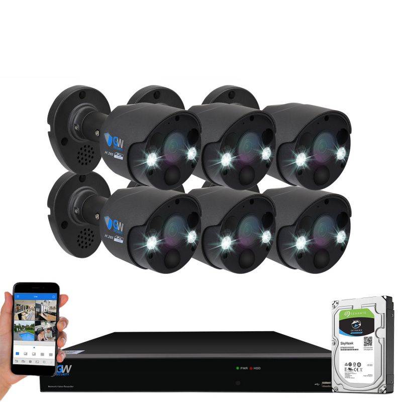 GW Security 2-Way Audio Floodlight 5.0 Megapixel PoE Security Camera System, 8 Channel 4K NVR with 4 x 5MP Full-time Color Night Vision IP Camera, Thermal PIR Heat & Motion Sensing, Two Way Talk