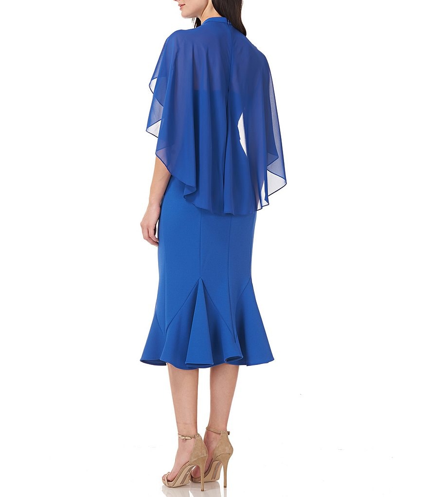 JS Collections Chiffon Capelet Stretch Crepe Crew Illusion Crew Neck Midi Dress