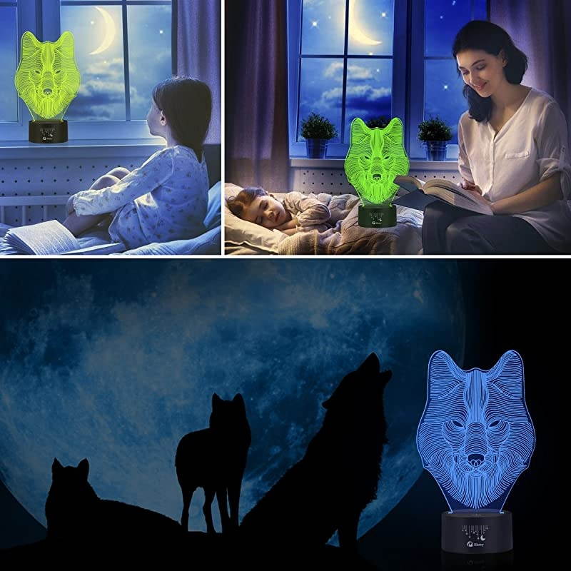 Animals Wolf 3D Night Light Touch Table Desk Lamps  7 Color Changing Lights with Acrylic Flat amp ABS Base amp USB Cabler