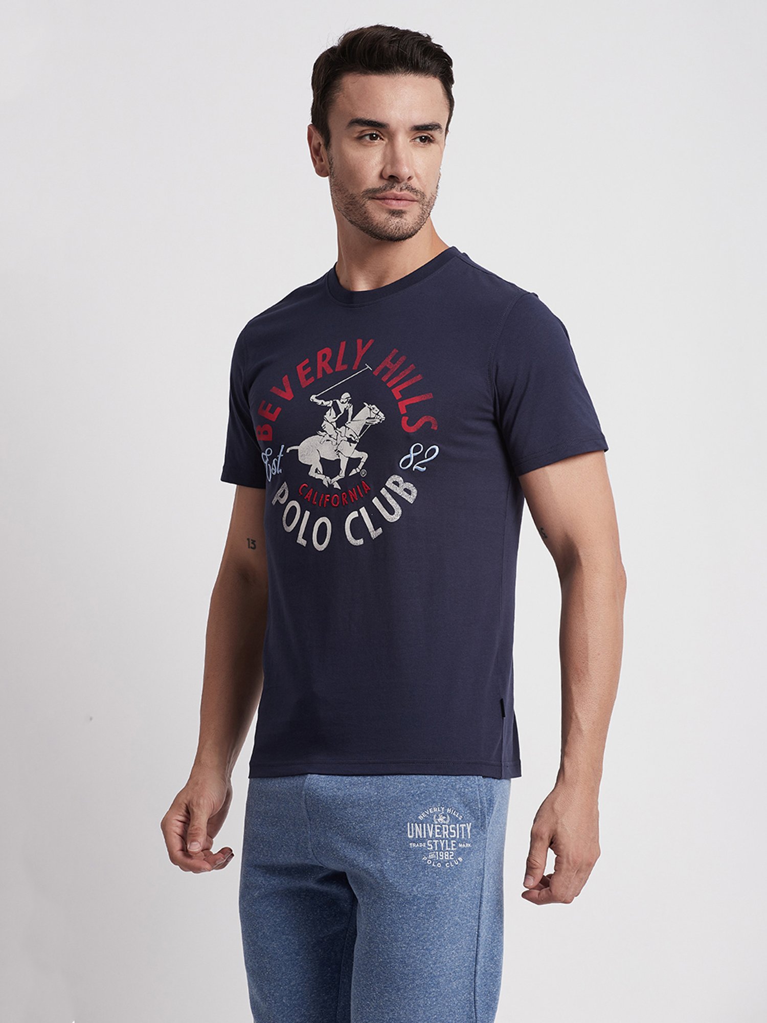 Beverly Hills Polo Club Navy Regular Fit Printed Cotton Crew T-Shirt