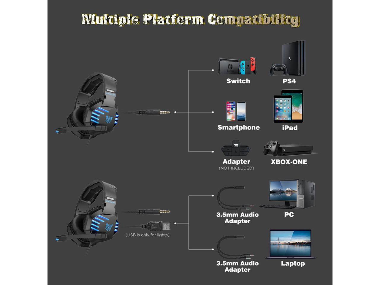 ONIKUMA K17 Over-Ear Noise Reduction Gaming Headphones,HD Stereo LED Light 3.5mm Audio+USB Port with Plugable Mic &ndash; Blue