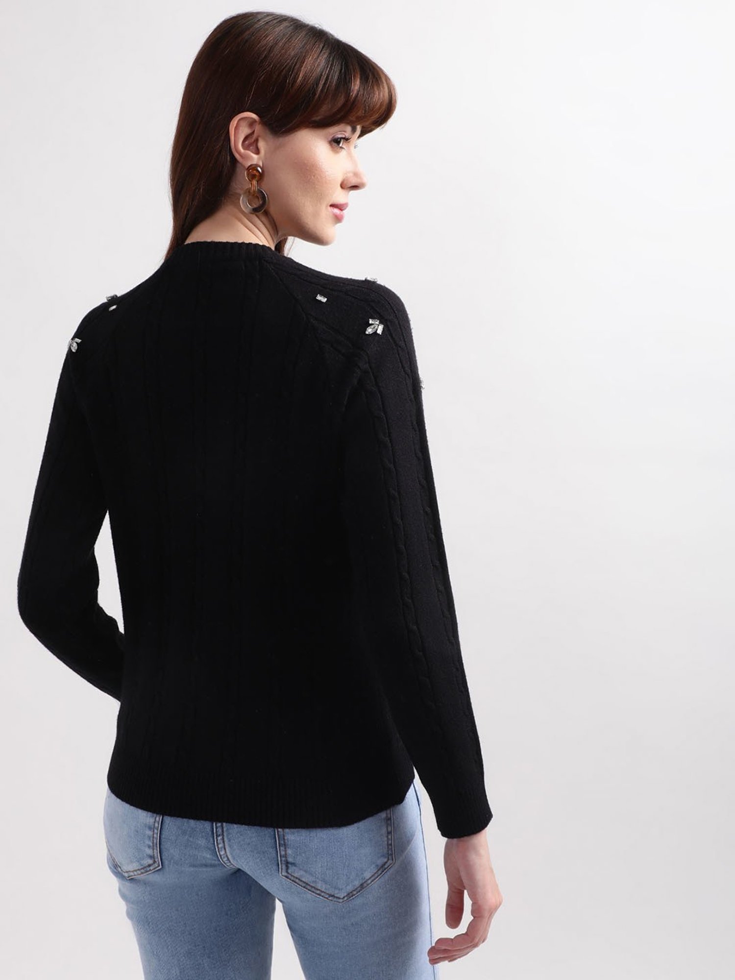 Elle Black Cotton Embellished Sweater