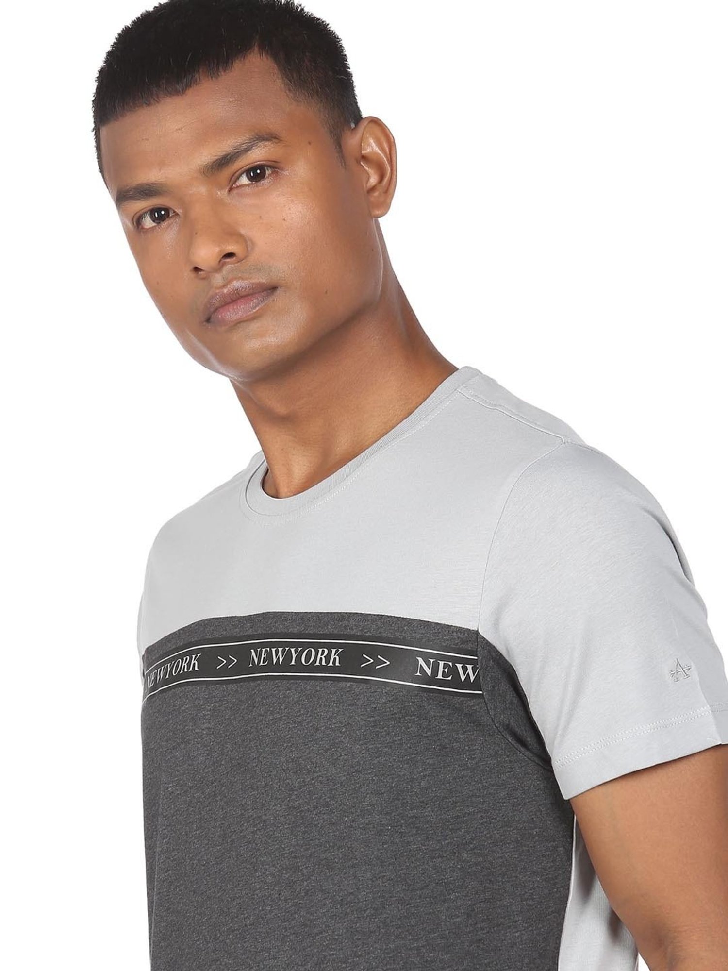 Arrow New York Grey Cotton Regular Fit Colour Block T-Shirt