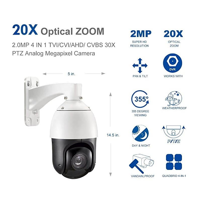 2MP Auto-Cruise PTZ Security Camera 20X Optical Zoom HD 1080p 4-in-1 TVI/AHD/CVI/CVBS Video Surveillance- Pattern Scan, Waterproof, Night Vision, Coaxial Wired High Speed Dome CCTV Camera