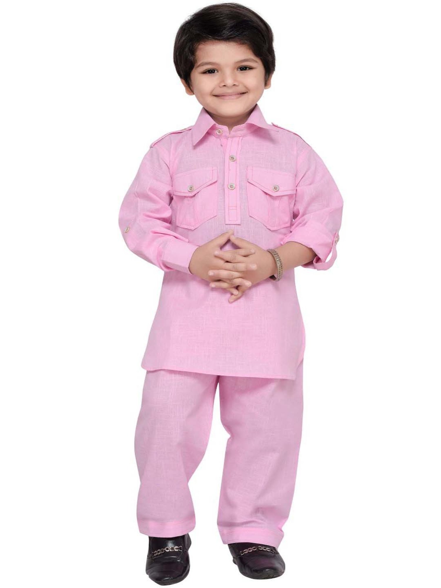 AJ Dezines Kids Pink Regular Fit Full Sleeves Kurta Set