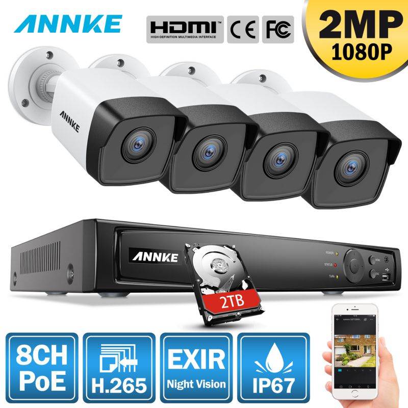 ANNKE 1080P HD PoE Network Video Security System, 8CH 4K Surveillance NVR with H.265 Video Compression,Weatherproof Cameras with EXIR LEDs 4 Camera - 2TB HDD
