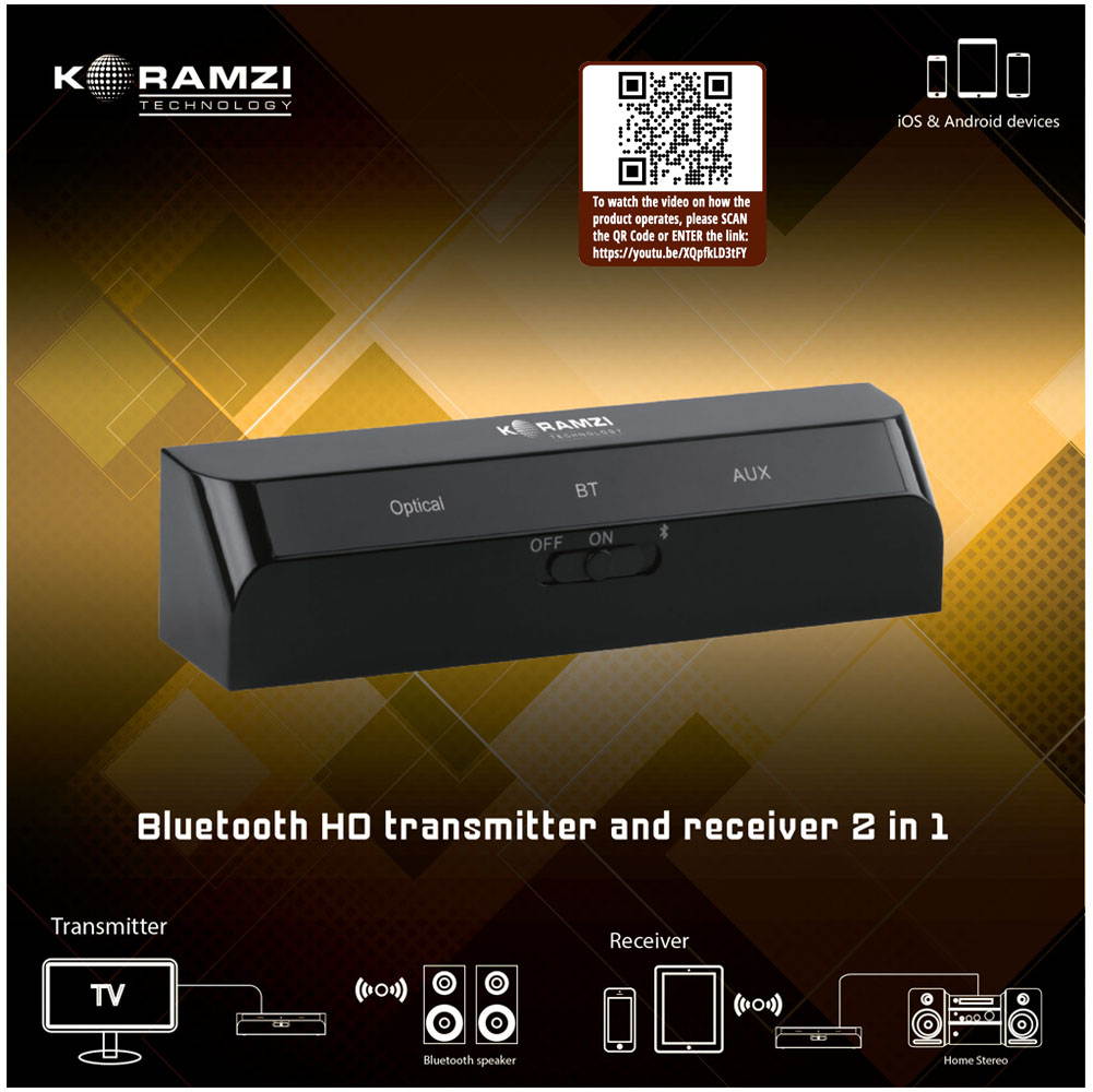 Bluetooth HD Transmitter and Receiver 2 in 1 , Sound Enhancements with APTX Low Latency (Black)KORAMZI BTR26