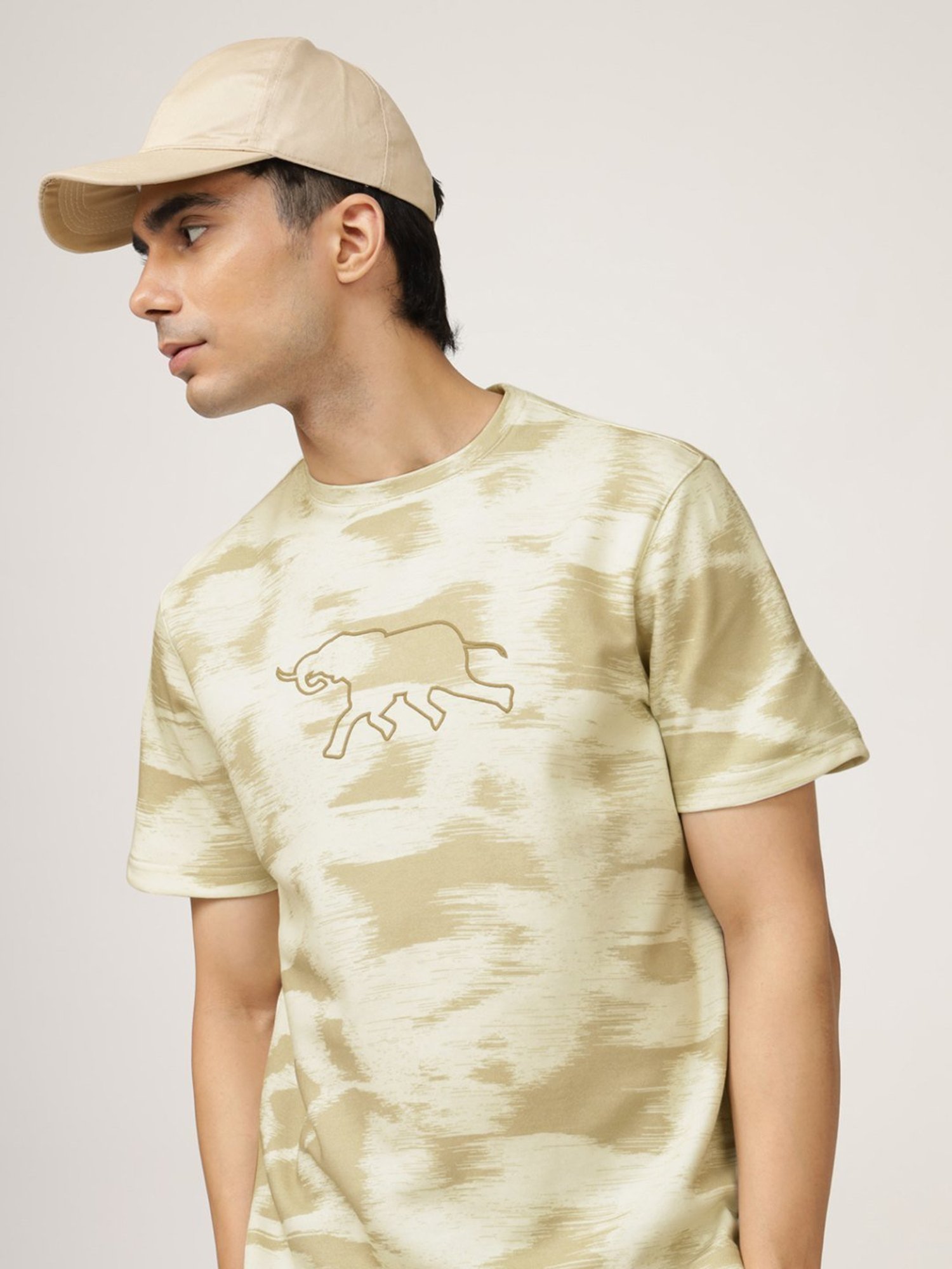Andamen Khaki Cotton Regular Fit Printed T-Shirt