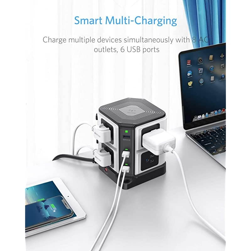 1500 Joules Surge Protector with Wireless Charger 8Outlet Power Strip Tower with 40W 6Port USB Charging Station6 Feet Extension CordETL Listed