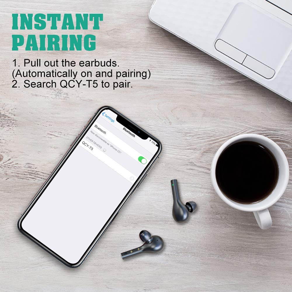 QCY T5 Wireless Earbuds, V5.0 Bluetooth Headphones In-Ear Stereo True Wireless Earphones with Touch Control, Binaural Calling, One-Step Paring, Total 24 Hours Play Time