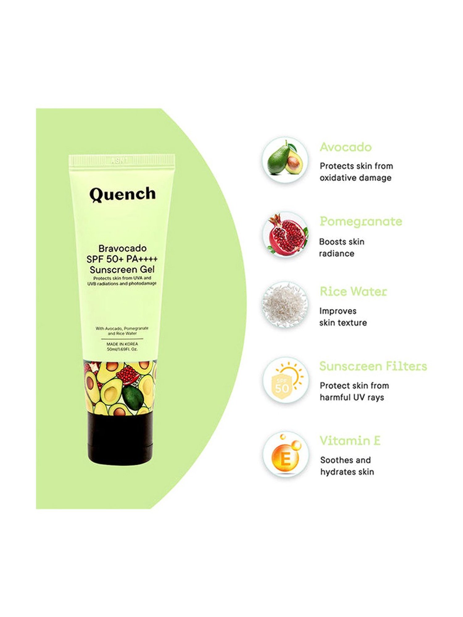 Quench Botanics Bravocado SPF 50+ PA++++ Sunscreen Gel - 50 ml