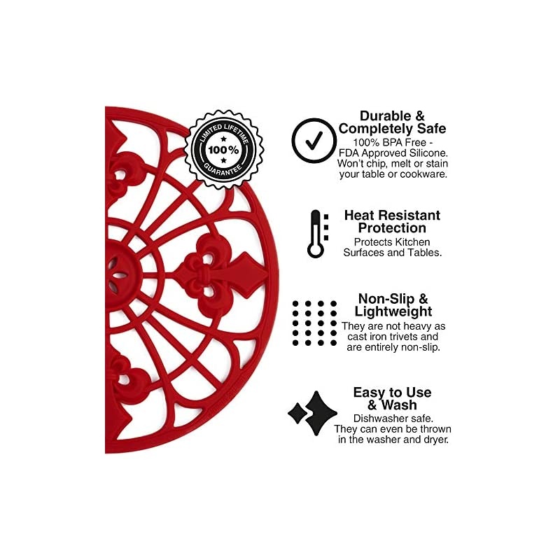 Trivet Set for Hot Dishes, Pots & Pans. These Kitchen Hot Pads 'Fleur De Lis' Design (Symbol of Royalty) Mimics Cast Iron Trivets Without Scratching (7.5 inch Round, Set of 3, Coral Red)